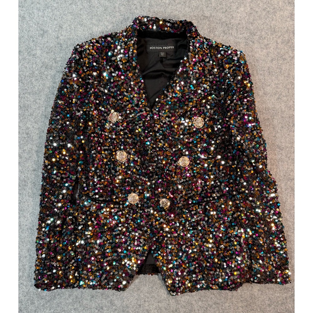 Boston Proper Womens Multi Color Sequin Double Breasted Blazer Jacket Size S